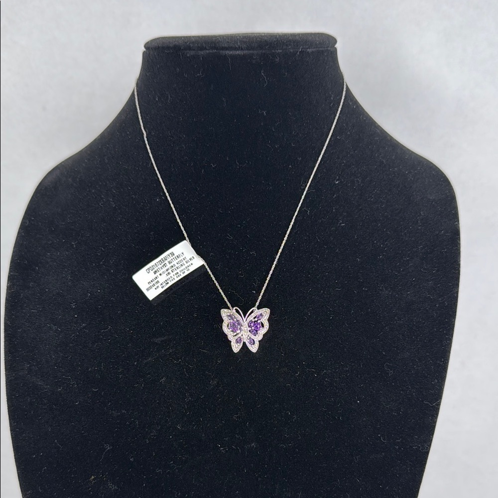 Vintage estate Sterling silver diamond accent amethyst butterfly necklace A58